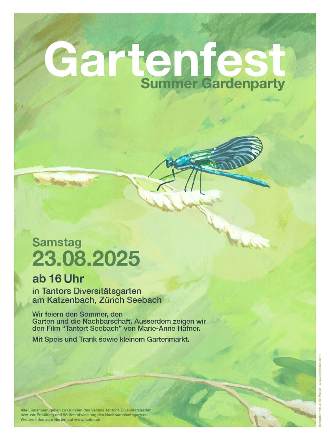 Am 23. August steigt unser drittes Gartenfest in unserem Gemeinschaftsgarten und alle sind herzlich eingeladen. 
.
Ab 16 Uhr feiern wir unseren 2. Geburtstag. Ausserdem zeigen wir dieses Jahr den Dokumentarfilm „Tantort Seebach“ von Marie-Anne Hafner im Garten.
.
Es gibt Speis und Trank mit lokalem Bier von @brauerei_oerlikon, lokalen Würsten von @mikas_wurst, Pizza aus dem Ofen, Kaffee und Kuchen.
Ausserdem wird es einen kleinen Gartenmarkt geben mit Leckereien aus dem Garten. 
.
Der Eintritt ist frei! Alle Einnahmen aus dem Verkauf gehen zugunsten der Weiterentwicklung und Erhaltung des Gartens.
. 
Wir freuen uns auf euch und hoffen auf gutes Wetter!
.
Die Illustration auf dem Plakat kommt von @joellefabbri81  Vielen Dank dafür!
.
#nachbarschaftsgarten #urbangardening #garten #gemeinschaftsgarten #zürichcity #seebach #urbanesgärtnern #städtischergarten #nachhaltigegärten #gartenfest #quartierfest #sommerfest #nachbarschaftsfest